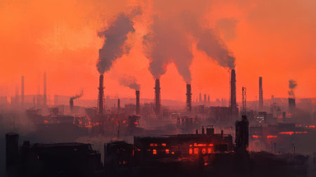 A dramatic industrial scene featuring a smoky skyline at sunset, with thick emissions rising from factory chimneys against an orange backdrop, showcasing the impact of industry on the environment.の素材