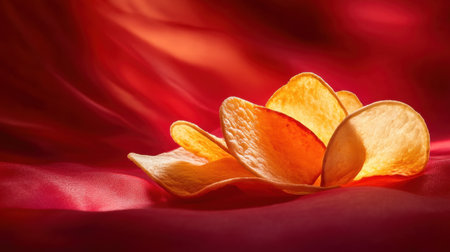 A captivating arrangement of golden potato chips creates an eye-catching focal point. The soft red background enhances the visual appeal, emphasizing the crispy texture and inviting indulgence.の素材