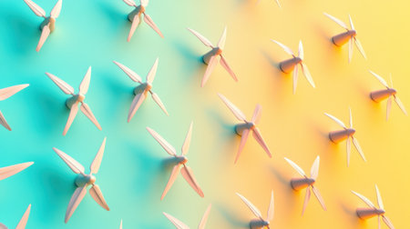 This abstract conceptual image features stylized wind turbines arranged against a vibrant gradient background, symbolizing renewable energy and sustainability.の素材