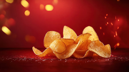 A close-up image showcasing a delightful pile of crispy potato chips, set against a vibrant red background with blurred bokeh lights, creating an enticing snack appeal.の素材