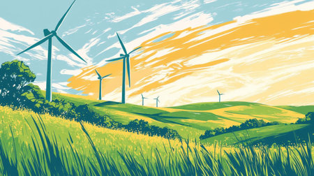This vibrant landscape features wind turbines set against a colorful sky, with lush green fields embracing the countryside. It symbolizes renewable energy.の素材