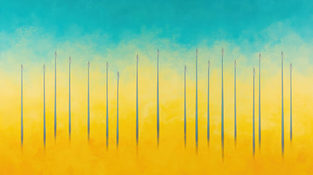 A stunning abstract landscape showcases tall shapes reaching towards a colorful sky, blending blue and yellow hues in a serene and vibrant composition.の素材