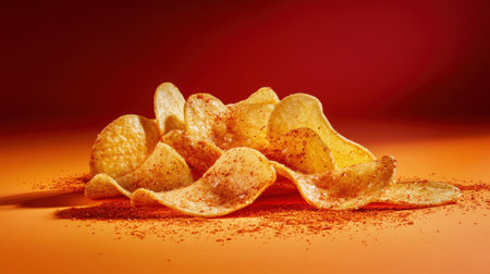 A striking arrangement of crispy potato chips dusted with spicy seasoning rests on a vibrant background, evoking a sense of delicious indulgence and fun.の素材