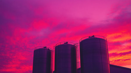 A captivating image of grain silos silhouetted against a breathtaking pink and purple sunset sky, capturing the beauty of rural landscapes and agriculture.の素材