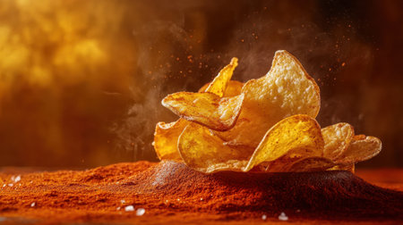 Visualize a delightful pile of crispy potato chips resting on a bed of spicy paprika dust, emanating steam in a warm ambiance, inviting snack lovers.の素材