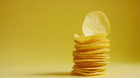 A visually appealing stack of crispy potato chips stands against a vibrant yellow background, showcasing the snack's texture and appeal. Perfect for food-related projects.の素材