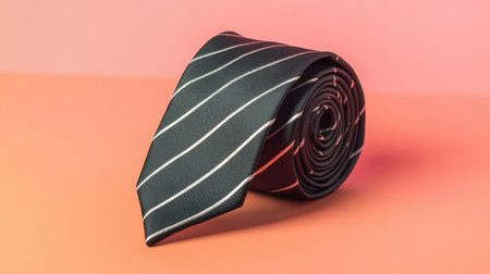 This image showcases a rolled elegant black tie with striped patterns set against a soft pink and orange background, perfect for fashion or business themes.の素材