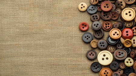 A vibrant assortment of colorful buttons displayed on a natural fabric background, perfect for inspiring creative craft projects and sewing activities.の素材