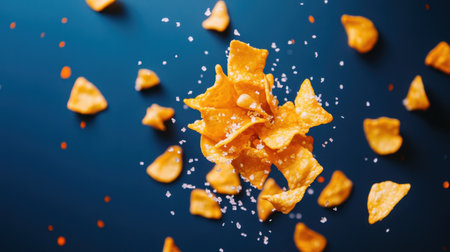 A stunning image of crispy chips flying through the air, sprinkled with salt. This dynamic shot captures the essence of enjoyable snacking and food creativity.の素材
