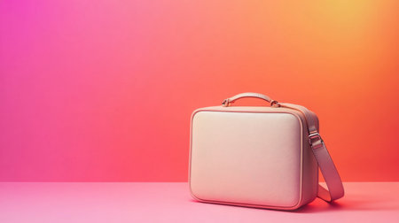 This image features a stylish pink carrying case with a handle and strap set against a vibrant gradient background, perfect for showcasing modern design and minimalistic style.の素材