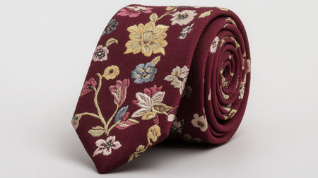 This elegant burgundy tie features intricate floral embroidery, making it a perfect accessory for formal events or stylish occasions. Soft and sophisticated.の素材