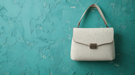 A stylish white handbag is showcased against a textured turquoise wall, highlighting a blend of modern design and elegance for fashion-oriented projects.の素材