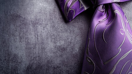 A stunning close-up of an elegant purple tie featuring intricate designs. The stylish piece rests against a textured gray background, perfect for fashion themes.の素材