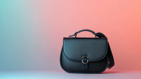 This elegant black leather handbag features a sleek design, ideal for fashion and accessory themes. Its stylish silhouette stands out against a soft gradient background.の素材