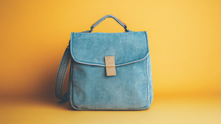 This image features a stylish blue tote bag set against a vibrant yellow background, perfect for showcasing modern fashion and accessories.の素材