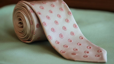 This stylish necktie features a soft green background with a charming pink floral pattern, perfect for elevating any formal outfit. Ideal for special occasions or business events.の素材