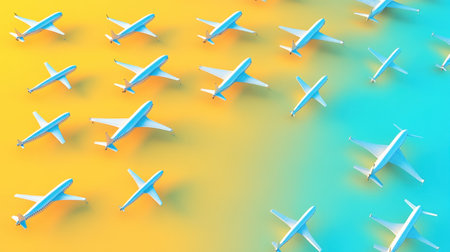 Vibrant image of various airplane illustrations against a striking blue and yellow background, highlighting modern travel and aviation concepts.の素材