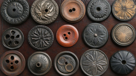 A captivating assortment of antique and vintage buttons showcasing intricate designs and diverse materials set against a rustic background. Perfect for craft enthusiasts.の素材