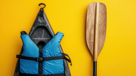 A colorful flat lay photo featuring a kayak, blue life jacket, and wooden paddle on a bright yellow background, perfect for outdoor adventure themes.の素材