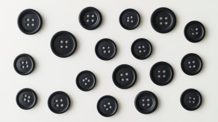 A visually appealing assortment of black buttons featuring four holes, arranged artistically on a light surface. Ideal for crafting, sewing, and design projects.の素材