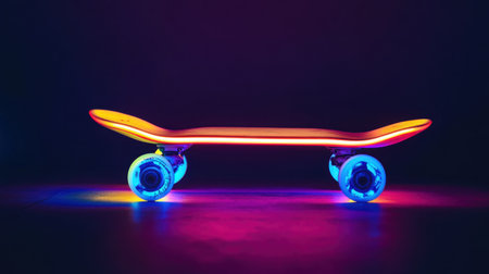 This visually striking skateboard features vibrant neon colors and illuminated wheels, perfect for creative projects or promotional materials in sports and lifestyle themes.の素材