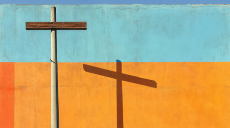A striking image featuring a cross shadow cast against a colorful wall, blending bright blue and orange tones. The scene embodies simplicity and depth.の素材