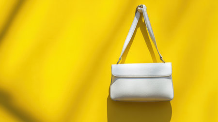 A stylish white handbag elegantly hangs against a vibrant yellow wall, casting interesting shadows that enhance its contemporary aesthetic and appeal.の素材