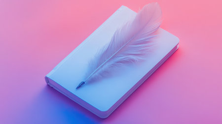 This stunning image features a minimalist white notebook paired with a delicate feather pen, set against a soft pink and blue gradient background, inspiring creativity.の素材