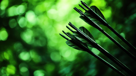 This image captures a close-up view of arrow fletchings with a blurred green background, evoking a sense of peaceful nature and outdoor adventure.の素材