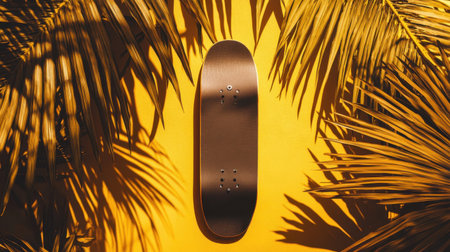 A stylish skateboard showcases a vibrant yellow background surrounded by lush palm leaves, creating a perfect summer aesthetic for urban lovers and creatives.の素材