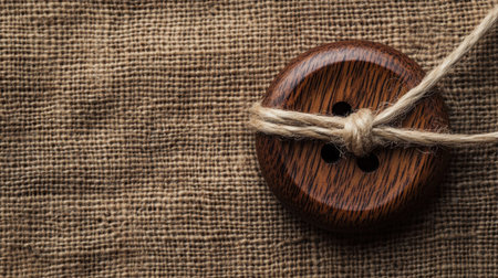 A closeup image showcasing a wooden button tied with natural twine against a rustic fabric background, highlighting simplicity and craftsmanship in textile art.の素材