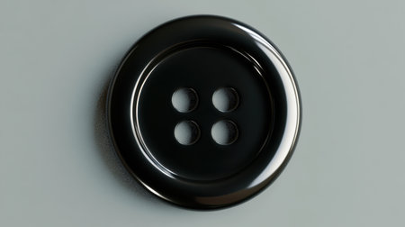 This close-up image features a black four-hole button set against a smooth background, emphasizing its glossy finish and simple elegance for design projects.の素材