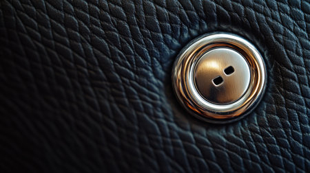 This close-up image captures a sleek metal button embedded in a rich black leather surface, showcasing intricate texture and high-quality craftsmanship.の素材