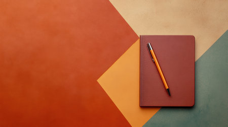 This image features a stylish flat lay with a notepad and pen placed on a vibrant geometric background, emphasizing creativity and organization in design.の素材