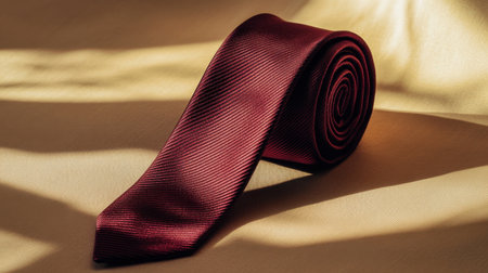 A beautifully rolled burgundy necktie rests elegantly on a smooth surface, complemented by soft shadows. Ideal for fashion, style, and accessories visuals.の素材