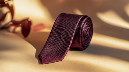 A beautifully rolled burgundy neck tie rests on a soft surface, showcasing its elegant texture and vibrant color under gentle light. Perfect for formal attire.の素材