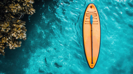 This image captures an aerial view of a vibrant orange paddleboard floating effortlessly on clear turquoise water, surrounded by lush greenery. Perfect for conveying themes of adventure, relaxation, and tranquil outdoor experiences.の素材