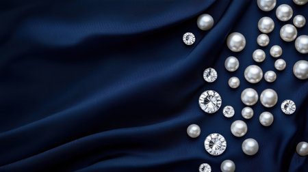 This stunning image showcases an elegant arrangement of shiny diamonds and lustrous pearls on a rich dark fabric, perfect for luxurious fashion themes.の素材
