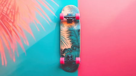 A vibrant skateboard featuring a tropical design set against a split background of pink and teal. This image captures the essence of summer fun and youthful energy, perfect for those seeking an adventurous lifestyle.の素材