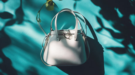 A stylish white handbag rests against a vibrant teal background, casting soft shadows from leaves, perfect for fashion showcases and lifestyle presentations.の素材