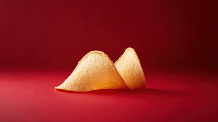 A single golden crispy potato chip creates an inviting snack scene, showcasing its texture against a vibrant red background, enhanced by soft lighting and gentle shadows.の素材