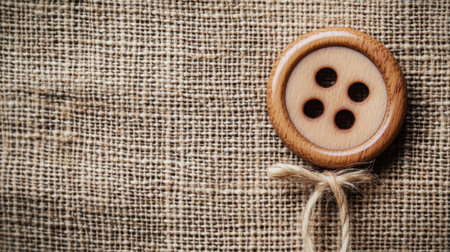 This image features a wooden button with four holes against a natural fabric background, showcasing texture and detail ideal for sewing and crafting projects.の素材