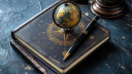 A vintage globe rests atop a textured dark background, next to an elegant notebook and a golden pen. Ideal for themes of travel, education, and creativity.の素材