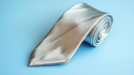 This image features a beautifully rolled silver tie against a soft blue background, perfect for showcasing elegance and style in fashion photography.の素材