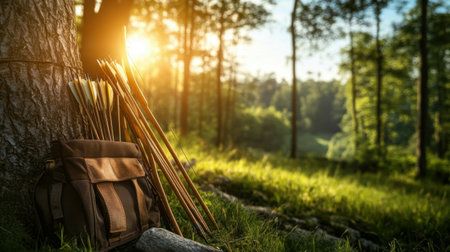 A captivating scene featuring bows and arrows resting against a tree in a tranquil forest at sunset. This image evokes a sense of adventure and connection to nature.の素材