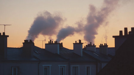 This image captures a collection of rooftops with smoke billowing from chimneys against a warm sunset backdrop, reflecting urban industrial life.の素材