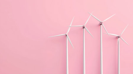 This image features wind turbines set against a bright pink background, symbolizing modern renewable energy and sustainability. Perfect for eco-friendly themes.の素材