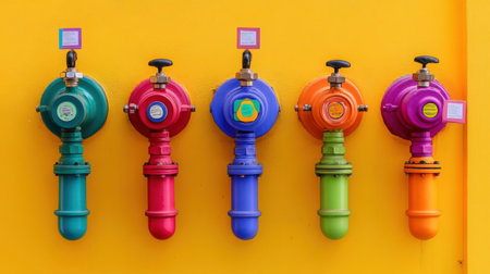 A striking arrangement of colorful water meters against a bright yellow wall, showcasing unique designs that enhance urban aesthetics and functionality.の素材