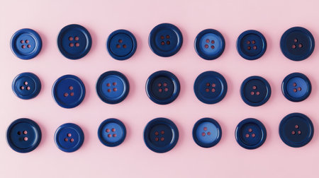 A collection of blue buttons displayed in an organized pattern on a soft pink background, perfect for craft, sewing, or decorative projects, showcasing creative potential.の素材