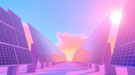 This vibrant scene features futuristic solar panels lined up towards a colorful sunset. It represents the advancements in renewable energy technology and showcases the beauty of sustainable solutions in a scenic landscape.の素材